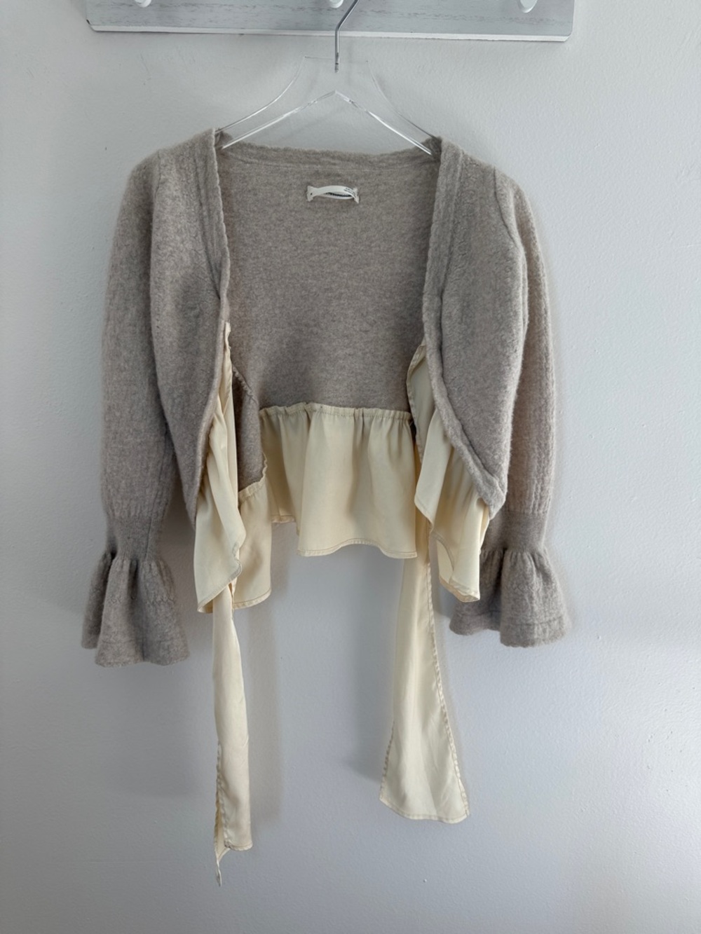 Anthropologie Taupe Knit Shrug with Cream Ruffle Tie Small